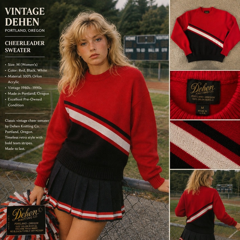 Vintage Dehen Knitting Co Cheerleader Sweater Red Black White Orlon Acrylic L